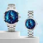 Lord Shiva Glowing Blue Modern Silver Couple Watch
